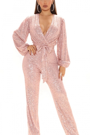 winter plus size 4 colors sequin decor slight stretch v-neck zip-up back stylish high quality jumpsuit with belt(new added colors)