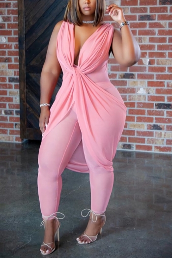 XL-5XL Plus size spring new stylish solid color stretch mesh see-through v-neck zip-up sexy jumpsuit