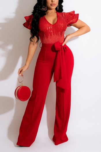 Spring new stylish simple pure color sequins plus size stretch zip-up casual jumpsuit(with belt)