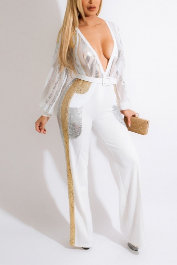 Spring new stylish sequin deep v pocket stretch plus zip-up mesh patchwork see-through sexy jumpsuit(without belt)