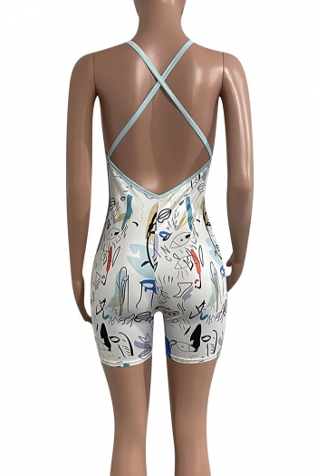 Summer new stylish batch printing sling backless slim stretch plus size sexy jumpsuit