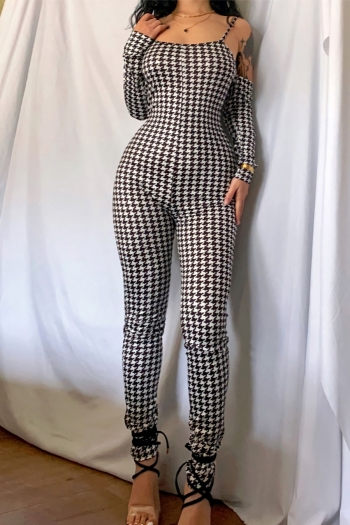 Spring new houndstooth printing stretch sling backless stylish skinny jumpsuit