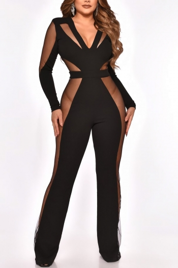 Spring new stylish mesh patchwork see-through plus size stretch v neck zip-up sexy jumpsuit