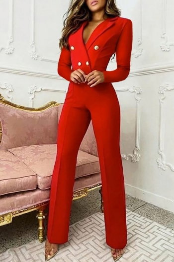 Winter solid color micro-elastic suit collar gold button decor zip-up stylish lady office jumpsuit