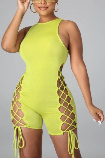 Summer new stylish solid color hollow lace-up zip-up stretch slim plus size sexy jumpsuit