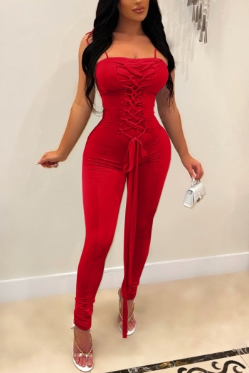 Spring new stylish simple solid color lace-up sling slim stretch plus size pleated sexy jumpsuit