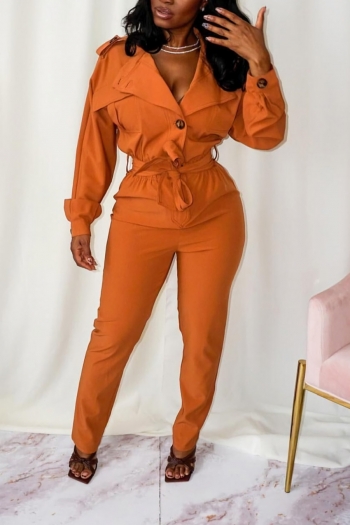 spring plus size solid color inelastic suit collar stylish jumpsuit with belt
