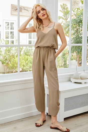summer solid color inelastic pockets sling stylish casual jumpsuit