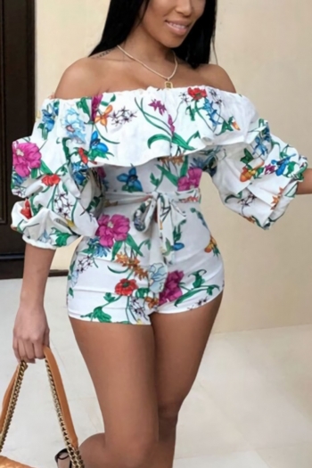 spring new stylish batch printing micro-elastic off-shoulder slim sexy jumpsuit(with belt)