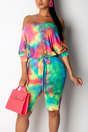 summer new stylish tie dye batch printing off-shoulder plus size stretch casual jumpsuit(with belt)