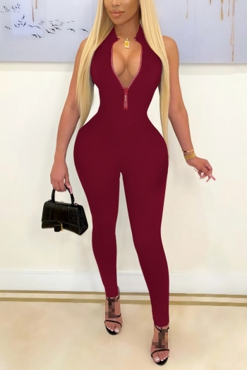 spring new stylish simple 4 colors solid color rhinestone zip-up stretch slim plus size casual jumpsuit