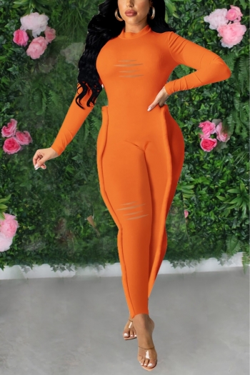 spring plus size solid color stretch cutout zip-up back crimped stylish skinny jumpsuit