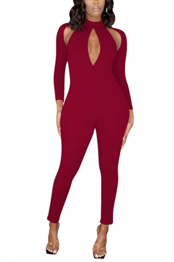 spring new plus size solid color stretch hollow zip-up back sexy skinny jumpsuit