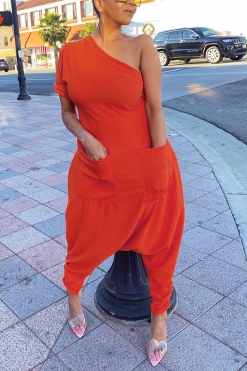 summer new stylish simple solid color one shoulder pocket loose stretch plus size casual jumpsuit