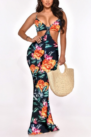 summer new stylish multicolor batch printing stretch sling hollow backless plus size sexy jumpsuit
