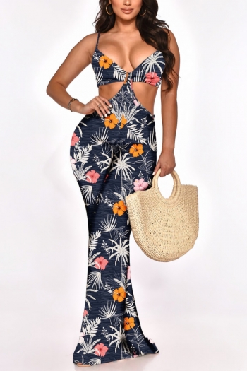 summer new stylish batch printing stretch sling sleeveless hollow backless plus size sexy jumpsuit