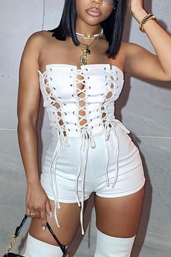 summer new solid color stretch tube top hollow eyelet lace-up sexy stylish playsuit