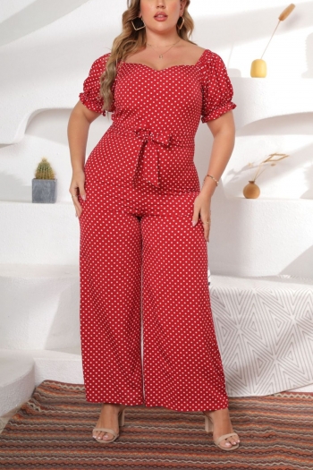 xl-4xl plus size summer new stylish inelastic polka dot batch printing off-the shoulder wide-leg fashion casual jumpsuit(with belt)