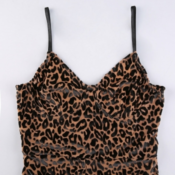 Spring new stylish leopard batch printing sling stretch velvet slim casual jumpsuit