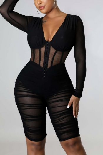 summer new plus size solid color stretch see through mesh patchwork pleated v-neck slim sexy playsuit