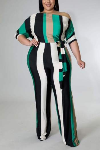 xl-5xl plus size spring & summer new stylish stripe batch printing patchwork one shoulder casual jumpsuit with belt