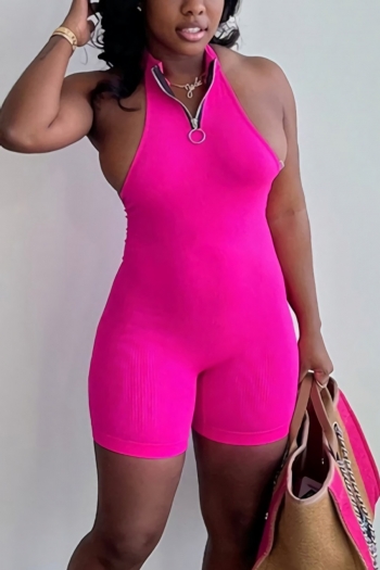 summer new solid color ribbed knit stretch zip-up backless sexy skinny playsuit