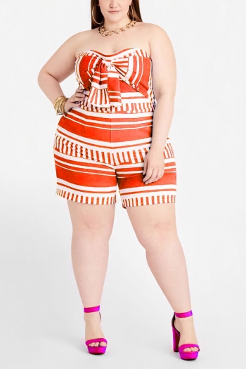xl-5xl plus size summer new stylish stretch striped batch printing bow tube top pockets casual playsuit