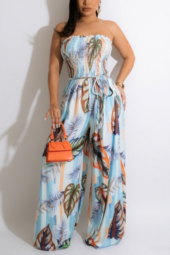 summer new stylish batch printing strapless chiffon inelastic pleated plus size with belt casual jumpsuit