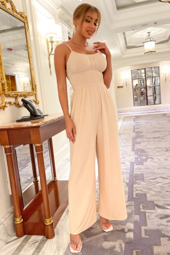 Summer new stylish simple solid color stretch backless sling good quality pleated loose casual jumpsuit