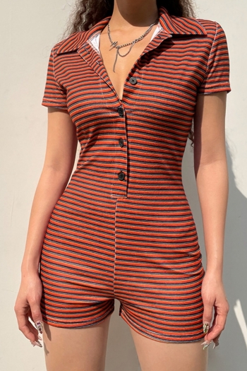 Summer new stylish striped batch printing stretch slim single breasted casual playsuit