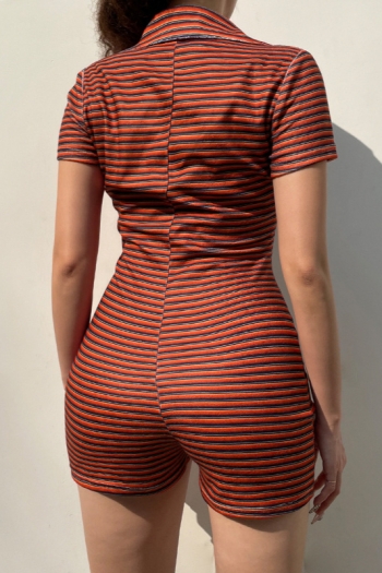 Summer new stylish striped batch printing stretch slim single breasted casual playsuit
