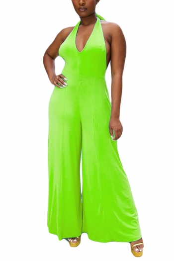 summer new stylish simple solid color stretch loose halter neck backless sexy jumpsuit