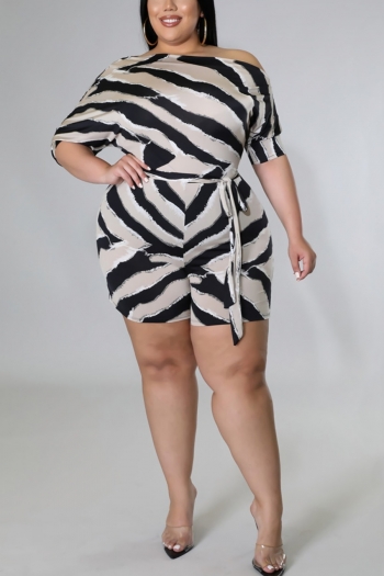 xl-5xl plus size summer new stylish stretch stripe printing one-shoulder casual playsuit(with belt)
