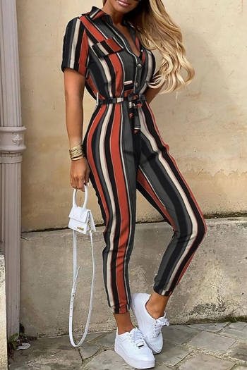 Summer new stylish striped batch printing single breasted with belt inelastic plus size casual jumpsuit