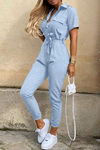 Summer new stylish solid color 9 colors single breasted with belt inelastic pocket plus size casual jumpsuit