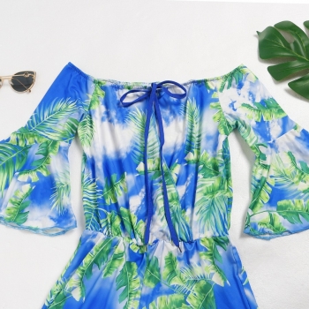 Summer new stylish leaf batch printing micro elastic off-the-shoulder lace-up hollow flare sleeve casual playsuit
