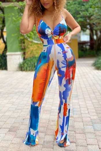 summer new stylish tie-dye batch printing stretch sling backless plus size hollow sexy jumpsuit