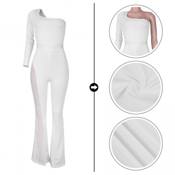 Spring new stylish simple mesh patchwork see-through rhinestone stretch one shoulder  zip-up plus size sexy jumpsuit