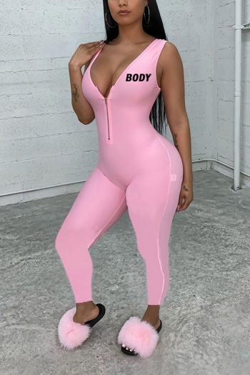 summer new plus size two colors letter fixed printing v-neck zip-up sexy skinny jumpsuit