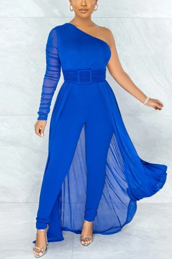 spring new plus size four colors see through mesh patchwork one-shoulder fake belt decor long-hem zip-up back stylish sexy jumpsuit