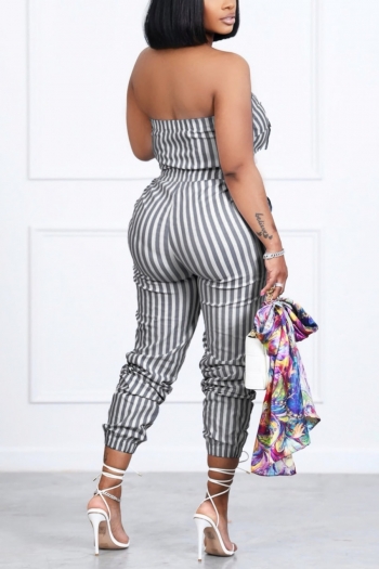 Summer new plus size two colors stripe printing inelastic tube design zip-up pockets stylish jumpsuit