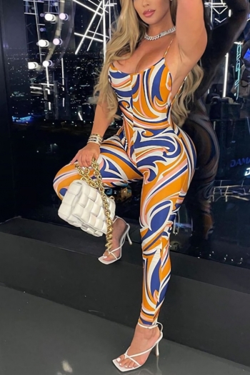 Summer new style 3 colors orange sling fashion batch printing backless tight stretch jumpsuit