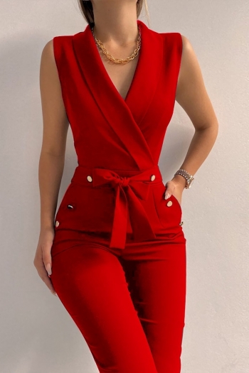 summer new 4 colors solid stretch button sleeveless bow lace-up v-neck hollow pockets zip-up stylish jumpsuit