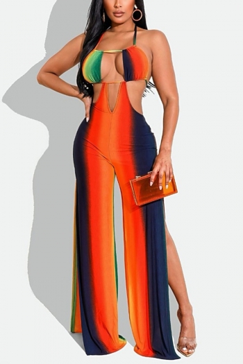 summer new stylish micro elastic orange fixed printing hollow halter-neck lace-up backless split sexy jumpsuit