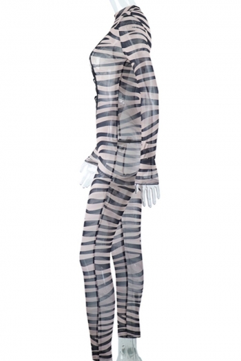 Spring new stylish tiger batch printing stretch see through mesh spliced long sleeves hollow zip-up slim sexy jumpsuit
