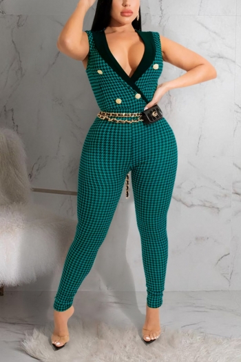 summer new fashion houndstooth printing lapel buttons v-neck sleeveless stretch tight jumpsuit