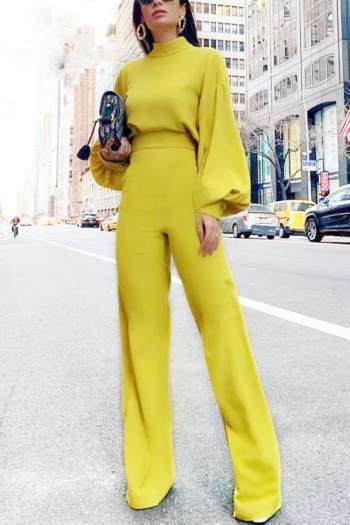 spring new stylish 3 colors solid micro elastic puffed sleeves button zip-up loose casual jumpsuit