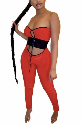 s-2xl plus size summer new 5 colors stretch contrast color spliced lace-up hollow tube design slim sexy jumpsuit
