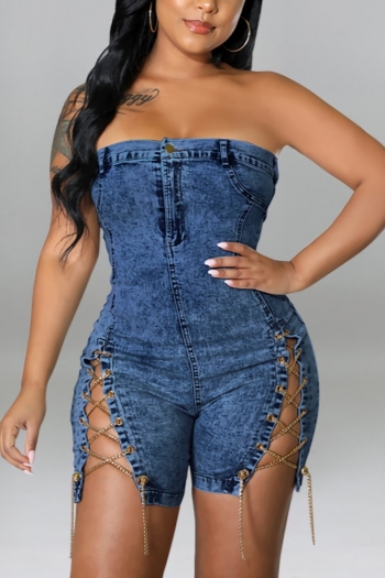 s-2xl summer new plus size three colors micro-elastic off the shoulder zip-up button eyelet metal-chain stylish denim playsuit
