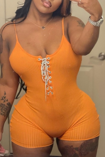 s-2xl summer new plus size three colors solid color stretch sling backless eyelet lace-up sexy tight playsuit
